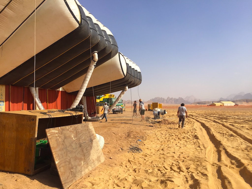 Inflating Airwalls in the desert of Wadi Rum Jordan