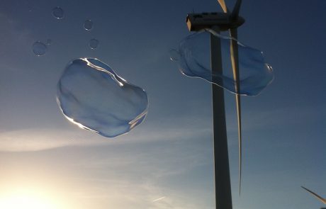 Sunset. Bubbles floating over the wind mills in Ardales Málaga
