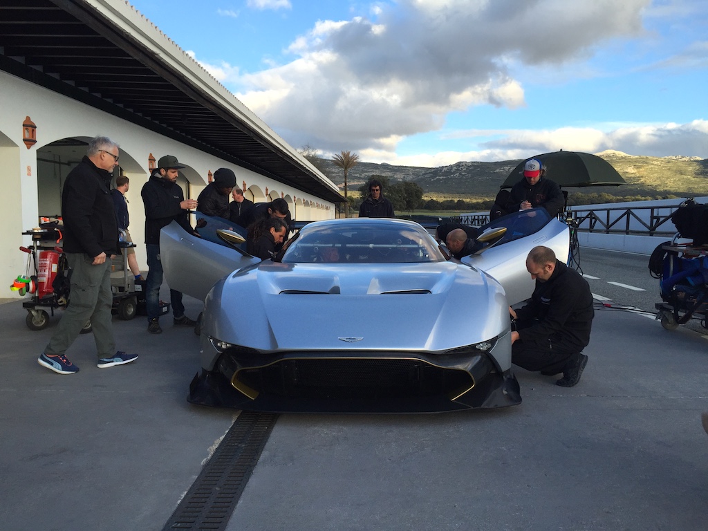 Front of the Aston Martin Vulcan in the pits of Ascari Race Circuit