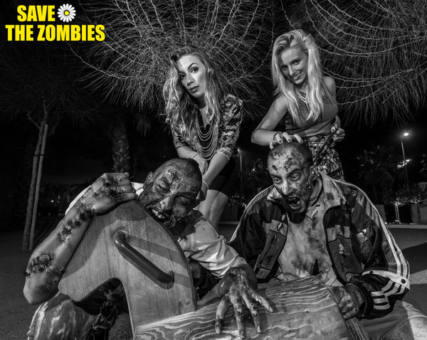 Black and white poster with four zombies from the feature Safe The Zombies