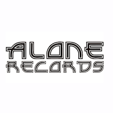 Alone Records logo with letters in black over background in white