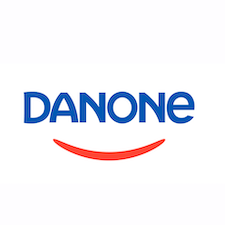 Danone logo with blue letter and red smile over white background