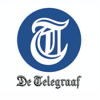 De Telegraaf circular logo in blue with gothic black letters below