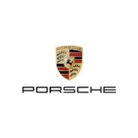 Porsche badge full color with letters in black over background in white