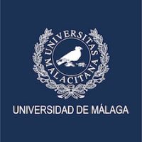 Universidad de Málaga logo with letters and shield in white over blue background