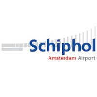 Amsterdam Airport Schiphol logo with stripes in red and blue color and letters in black