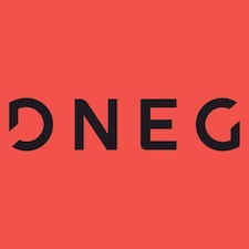 DNEG logo with letters in black and red orange background