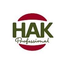 HAK logo with green letters and red solid form in red color above and below