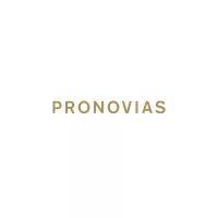 Pronovias logo with letters in gold over white background